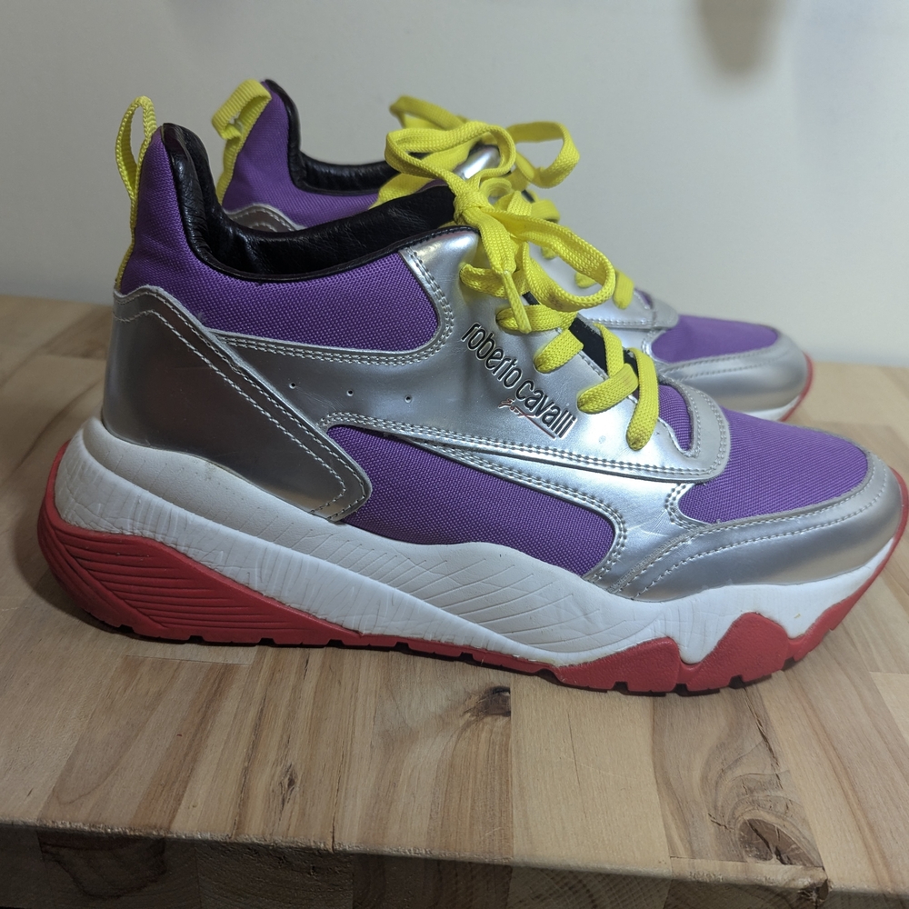 Roberto Cavalli Sport Leather Purple and Silver Sneakers Maximalist M 8.5 W 10 - Picture 4 of 11